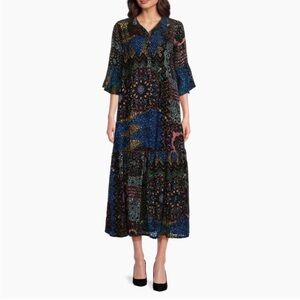Johnny Was Nash Burnout Velvet Patchwork 3/4 Bell Sleeve Dress XS NWT $445